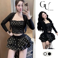 Women's polka dot set 3 Piece tube top with cardiganphooisJacket, flared short skirt, sexy style GU 