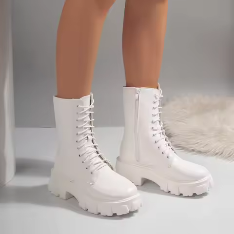 2026 Women's White Platform Combat Boots Lace Up Mid Calf Boots Side Zipper Non Slip Chunky Sole Mar
