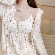 Girl's Pajamas Women's Long-Sleeved Cotton Floral Sexy Sling Four-Piece Set Padded Pajamas