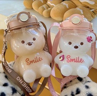 Transparent Cartoon Bear Water Bottle with Straw Cup Children's Portable Strap Water Bottle Mobile Phone Bracket Water Cup 1000 &amp; 1400ml