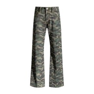 橙絹女裝#美式復古迷彩工裝微喇牛仔褲女印花低腰寬鬆顯瘦喇叭褲