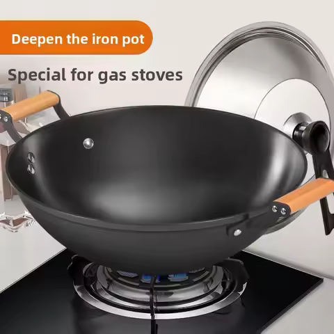 Double ear iron pan stir fry pan, household stir fry pan, non stick pan, uncoated, old-fashioned lar