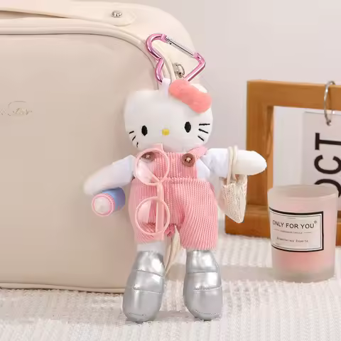 ong Leg Hello Kitty Plush Keychain Set Corduroy Overalls with Glasses 8-Ball Pendant Fashion Bag Cha