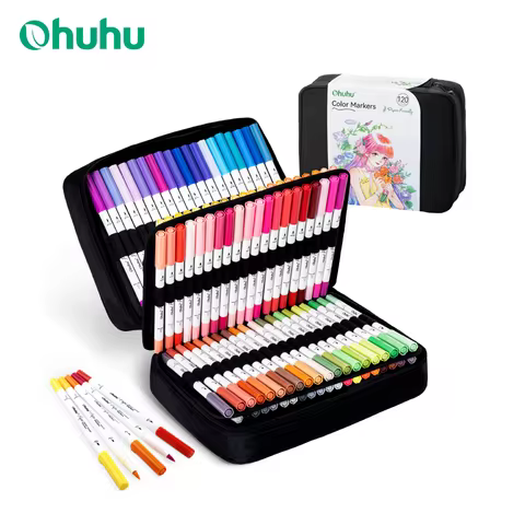 Ohuhu Markers Paper-friendly No Peeling Water-based 120 Colors Dual Brush Fineliner Tips Markers No 