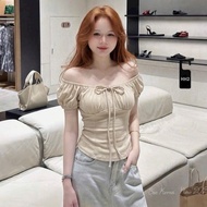 LT - short sleeve t-shirt with off-the-shoulder square neck, elastic waistband, bow tie, super flatt