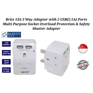 [SINGAPORE SELLER] Britz 13A 3 Way Adaptor with 2 USB(2.1A) Ports Overload Protection & Safety Shutt