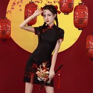 [Free Shipping]National Fashion Cheongsam/Girl Modified Cheongsam/Summer Black Short Cheongsam/Chinese Style Women's Clothing/Diagonal Placket/High slit/Cheongsam