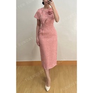 Feminine Pink Midi Dress – Elegant Floral Detail Dress Wedding Guest, Graduation, Church Outfit