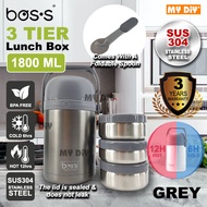 DIY Online4u - Boss 1800ml 3 Tier Lunch Box Bento 304 Stainless Steel Lunch Box Thermos Lunch Box Be