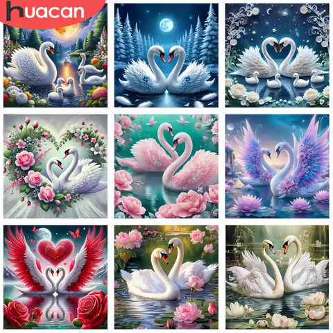 HUACAN 5D Diy Diamond Painting Swan Animal Cross Stitch Full Round Diamond Mosaic Kits Rose Flower H