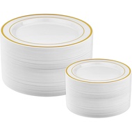 (NFHU) Gold Plastic Plates - 25 Dinner Plates and 25 Salad Plates Plastic Plates Disposable Plates f