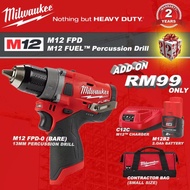 (FREE GIFT)MILWAUKEE ZERO HERO COMBO CORDLESS GEN II 13MM PERCUSSION DRILL ( M12 FPD-0 + STARTER PACK )