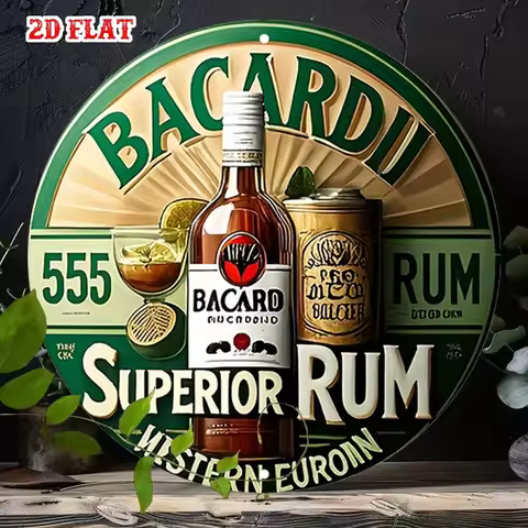 2D Flat, Bacardi Rum Aluminum Metal Tin Sign - Round Wall Art, Tropical Drink Design with Rum Bottle