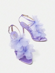 SHEIN Belle 女士尖頭細跟高跟涼鞋,裝飾著紫色花朵
