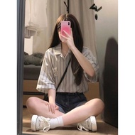 Japanese striped short-sleeved shirt Womens loose summer outerwear design Hong Kong style retro vers