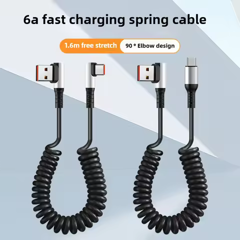 6A USB Type C Data Cable 90° Elbow Car USB Spring PD Fast Charging Cable for iPhone 15 Sumsung Xiaom
