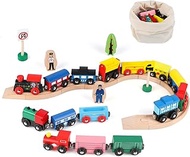 Joqutoys 31 PCS Wooden Train Cars - Magnetic Train Set Includes 15 Cars, 10 Bonus Connectors &amp; Storage Bag, Wooden Train Set Toy Train for Kids Toddlers, Compatible with Major Brands Train Tracks Set