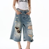 150kg Fat mm Plus Size Women's American Retro Ripped Denim Cropped Pants Women Loose Drape 7-point P