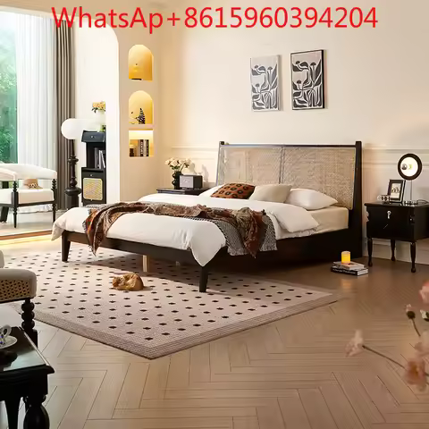 Modern simple rattan solid wood bed black bedroom 1.8m double bed designer 1.5m single hotel bed