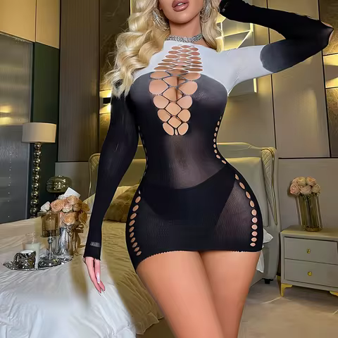 Fishnet Lingerie Rainbow Bodycon Dress Rave Outfit For Women Mesh Chemise Babydoll Mesh Chemise Long