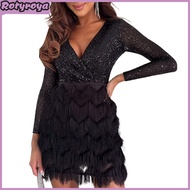 Women Glitter Sequin Party Dress Long Sleeve Deep V-Neck Corset Mini Dress Fall Winter Cocktail Gala
