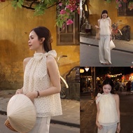 Small polka dot cream camisole made of soft double-layer silk chiffon “JOLIE TOP”