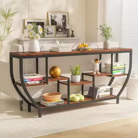 70.86 Extra Long Console Table Sofa Table & Storage Shelves Entryway Table Industrial TV Stand, Meta