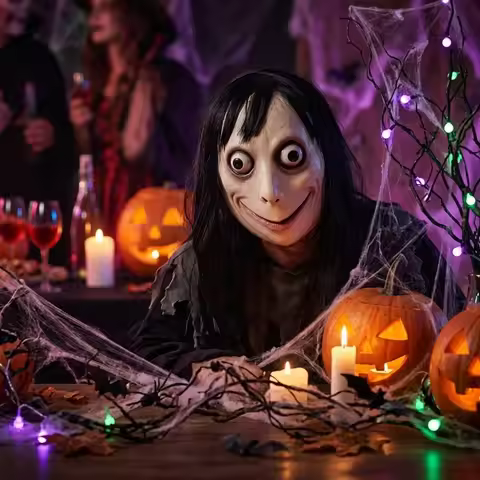 Creepy Momo Horror Full Head Latex Mask With Long Black Bang Wig Big Bulging Eyes Evil Smiling Face
