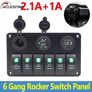 6 Gang Rocker Control แผงสวิตช์ฟิวส์3.1A Dual USB Socket ป้องกันการโอเวอร์โหลด DC 12V/24VCar Marine Circuit Breaker กันน้ำเปิด/ปิดไฟ LED Digital Voltmeter Dual USB Ports