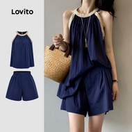 Lovito Casual Shorts Sets Braid Spring/summer Navy Blue Shorts Sets for Women LBL31095 Lovito Set Se