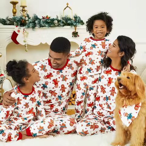 PatPat Christmas Family Matching Cartoon Gingerbread Man Allover Print Pajamas Sets