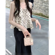 [3930 People Collection] 2025 Summer Korean Version Polka Dot Top Women Sleeveless Short V-Neck Ruff