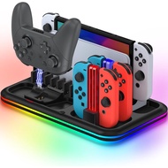 LED Switch Controller Charger for Nintendo Switch/OLED, Charging Dock Station for 4 JoyCons/Switch Pro Controller with Cool RGB Light, Switch Accessories Kit Storage with 8 Slots
