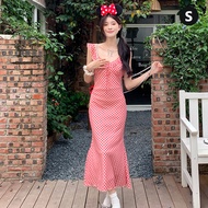 Sweet Red Checkered Slip Dress Women Vacation Style Long Dress Waist Retraction V-neck Dress