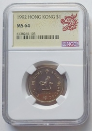 （龍頭特別標籤）NGC評級，MS64，香港1992年1元硬幣一枚