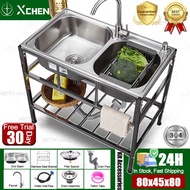 ✨24H COD✨Stainless Steel Kitchen Sink 77*42*75cm Double Slot Sinki Dapur Complete Set With Keran lab
