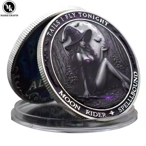 Tails I Fly Tonight" Witch Challenge Coin – Moon Rider Spellbound Collectible, 40mm Fantasy Magic Co