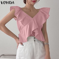 VONDA เสื้อจับจีบคอวีแขนกุดมีจีบสำหรับผู้หญิง (ลำลองสไตล์เกาหลี)