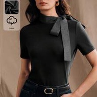 เสื้อยืดแขนสั้นผูกหน้าคอปกผ้าฝ้าย 74% สีกรมท่าสำหรับผู้หญิง Anewsta, คอปกผ้าเดนิม, สไตล์มินิมอลลำลอง