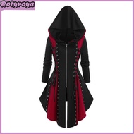 Women Cosplay Dress Gothic Color Matching Lace-up Strap Irregular Hem Hooded Long Sleeves Zipper Clo