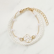 1pc Women's Double Layer Camellia Flower & Pearl Bracelet, Suitable For Dress, Casual Wear, And As G