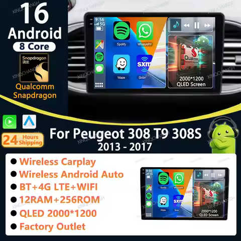 For Peugeot 308 T9 Android 16 Car Radio Carplay Auto For Peugeot 308 T9 308S 2013 - 2017 Qualcomm He