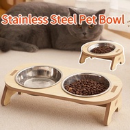Stainless Steel Tilted Double Pet Bowl with Wooden Stand Anti-Slip Feeder Water Dispenser Dogs Cats