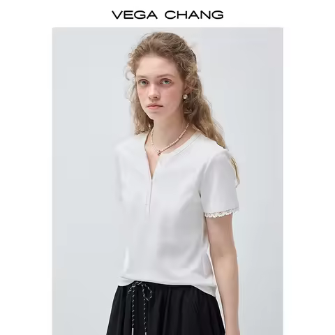 Vega Chang Spring and Autumn New Women's Half-Open Henley Collar T-Shirt with Lace Patchwork Design 