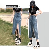 Large Size Denim Long Skirt Irregular Slit Ripped Denim Skirt Female Summer Korean Version High Wais