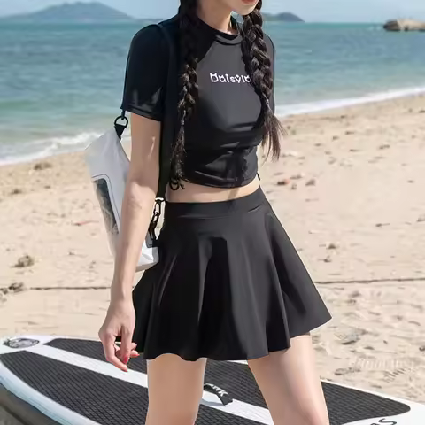 Korean Long Sleeve Rashguard Swimwear Women Black Swimsuit Surfing Suit Diving Conservative Sport Bo