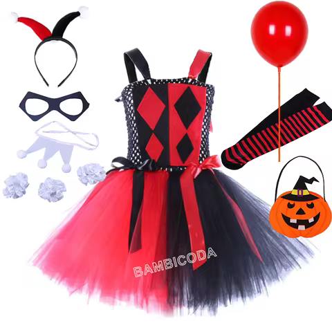 Girls Clown Joker Costume Cruella De Vil Halloween Villain Fantasy Cosplay Dot Fancy Dress Birthday 