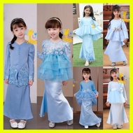 LITTLE CUTIE Tema Baby Blue Baju Kurung Budak Perempuan Kids Plain Lace Muslimah Kenduri Raya