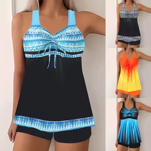 Printed split swimsuit women's skirt conservative hot spring bikini