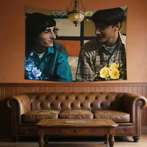 Byler Couple Tapestry, Retro Floral Heart Design Polyester 2D Wall Hanging for Bedroom Dorm Decor